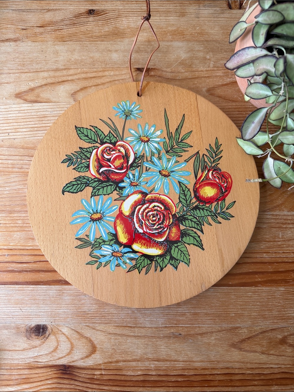 Vintage Floral Wall Plaque with Red Roses and Blue Daisies